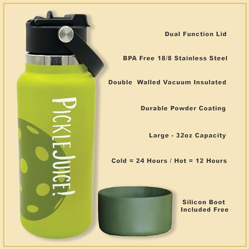 Maui Pickleball Co.™ Pickleball Water Bottle 32oz Best Pickleball Accessories Insulated Stainless Steel Water Bottle Funny PickleBall Gift Unique Sip/Straw Lid and Carry Handle - color: North Shore Blue