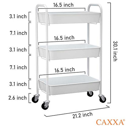 CAXXA 3-Tier Rolling Metal Storage Organizer - Mobile Utility Cart Kitchen Cart with Caster Wheels, White - color: White