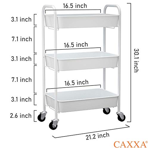 CAXXA 3-Tier Rolling Metal Storage Organizer - Mobile Utility Cart Kitchen Cart with Caster Wheels, White