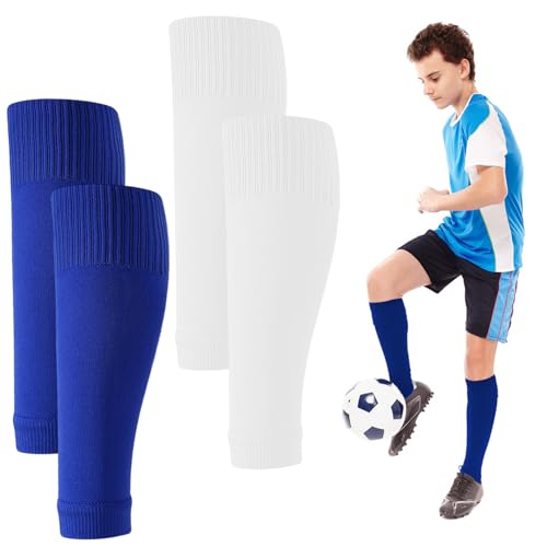 2 Pairs Pre Cut Soccer Socks, Soccer Sock Sleeves and Shin Guard Sleeves for Youth Men and Women, Breathable Stretch Calf Support, Secure Fit Leg Covers for Training Practice and Matches - color: White+Blue, size: Medium