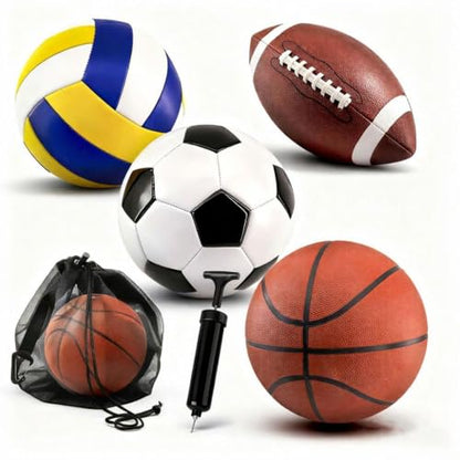 4 Pcs Sport Balls Set Include Official Size 7 Basketball 9 Football 5 Volleyball 5 Soccer with Bag Pump Sports Equipment for Adults Back to University School Ball Gift