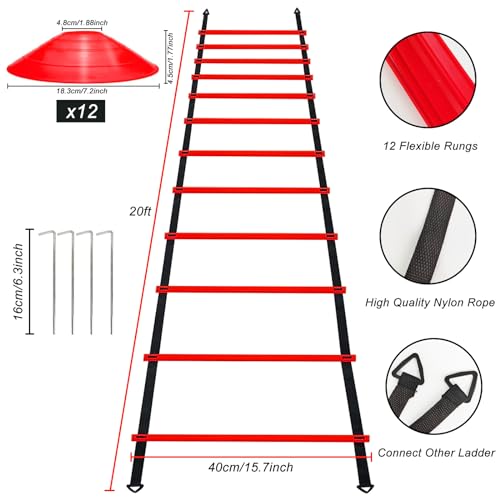 YEXEXINM Professional Agility Ladder Speed Training Equipment Set-20ft Agility Ladder,12 Soccer Cones, 4 Agility Hurdles, Running Parachute, Suitable for Soccer Football Basketball Training - color: red