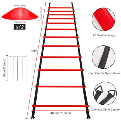 YEXEXINM Professional Agility Ladder Speed Training Equipment Set-20ft Agility Ladder,12 Soccer Cones, 4 Agility Hurdles, Running Parachute, Suitable for Soccer Football Basketball Training - color: red