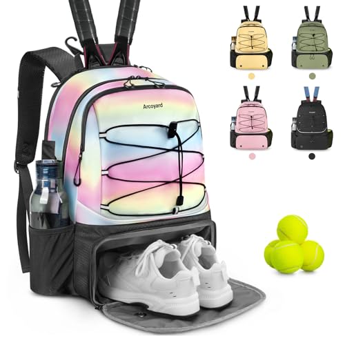 Arcoyard Tennis Bag Holds 2 Rackets, Professional Tennis Bags for Women, Tennis Backpack with Ventilated Shoe Compartment - color: Pink and Blue