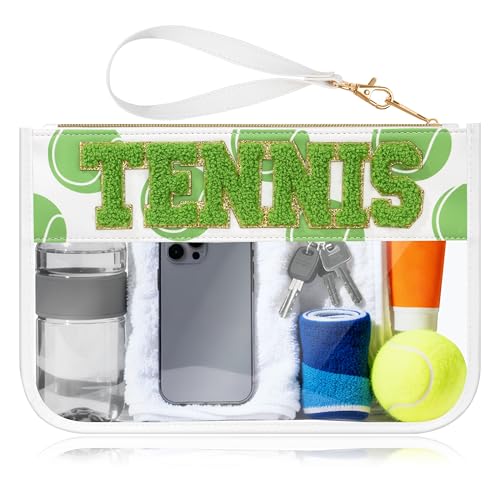 BuyCard Tennis Gifts Makeup Bag with Chenille Letter Patch, Clear Cosmetic Pouch PVC Organizer Purse, Waterproof Travel Bag, Portable Toiletry Storage Bag for Her Friends - color: White-Tennis