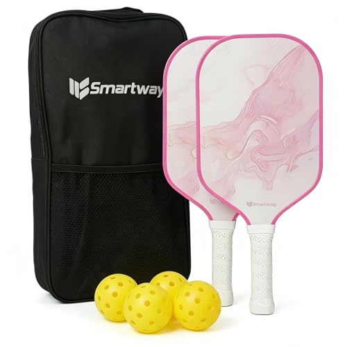 Smartway USAPA Approved Pickleball Paddles Set - Included 2 Lightweight & Slip Resistant Fiberglass Pickle Ball Rackets + 4 Balls + 1 Portable Carry Bag, Pickle Ball Set for Men Women Beginners - color: Blush Flow