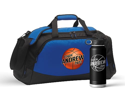 Personalized Basketball Duffel Bag Set Engraved Water Bottle | Coach Design Name Number Player Boys Girls Birthday Christmas - color: Blue/Black, size: Bag Only, style: Coach