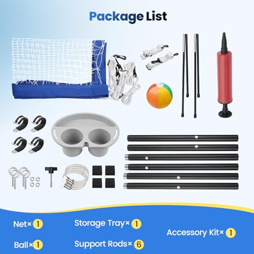 Above Ground Pool Volleyball Net Set with Storage Tray - Swimming Pool Volleyball Net for Pool with Adjustable 10-20FT Width Anti-Sagging Net - Outdoor Poolside Games with Ball, Pump, Poles