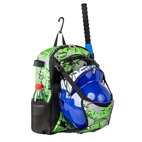 Youth Baseball Bat Bag Backpack, T-Ball & Softball Equipment Gear for Youth with Fence Hook, Lightweight Baseball Bat Backpack, Large Main Compartment for Helmet - color: Green