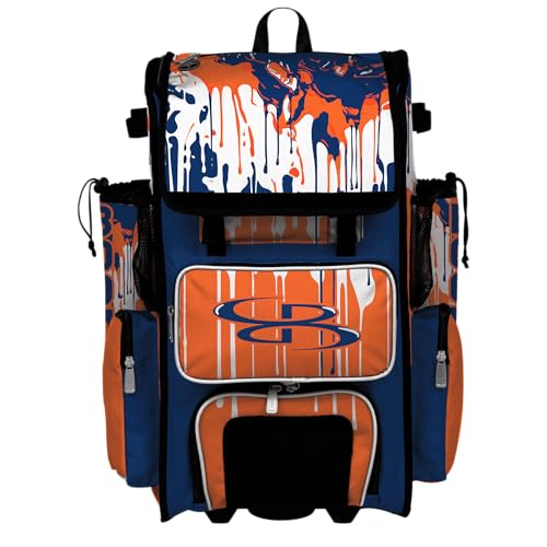 Boombah Superpack Hybrid Rolling Bat Bag - Wheeled & Backpack Version - Graffiti Drip - Multiple Color Options - color: Royal Blue/Orange/White