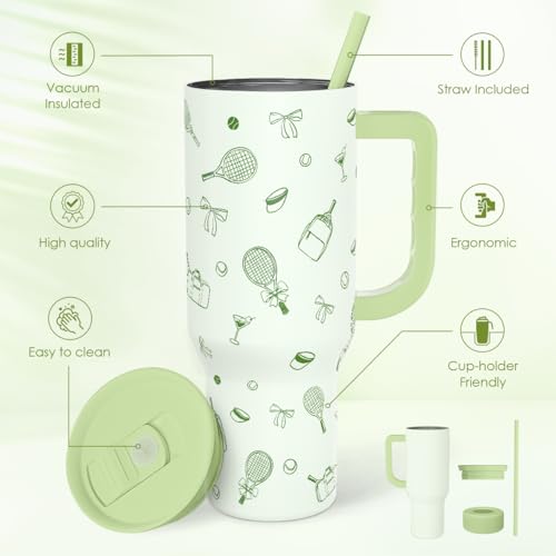SANDJEST Tennis 40oz Tumbler With Handle and Straw, Insulated Stainless Steel Travel Coffee Mug for Women Girls Tennis Players, Gift Idea for Birthday Christmas Mothers Day - color: Tennis