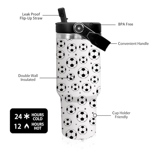 30 oz Tumbler with Handle Flip Straw Leak Proof - Soccer Cup 30oz Tumbler Travel Coffee Mug with Handle - Birthday Gifts for Women Men Soccer Lovers Fans 30 Ounce Stainless Steel Cup - color: Soccer White