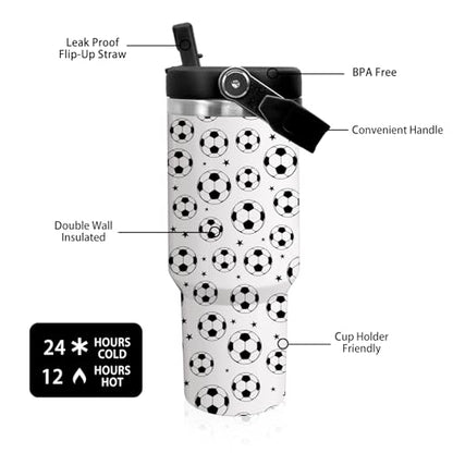 30 oz Tumbler with Handle Flip Straw Leak Proof - Soccer Cup 30oz Tumbler Travel Coffee Mug with Handle - Birthday Gifts for Women Men Soccer Lovers Fans 30 Ounce Stainless Steel Cup - color: Soccer White