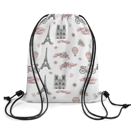 Theft Proof Drawstring Backpack Cinch Sack Water Resistant for Travel Camping Sports Equipment Men Women, Pink Paris Eiffel Tower And Balloon Bags - color: Picture (352)