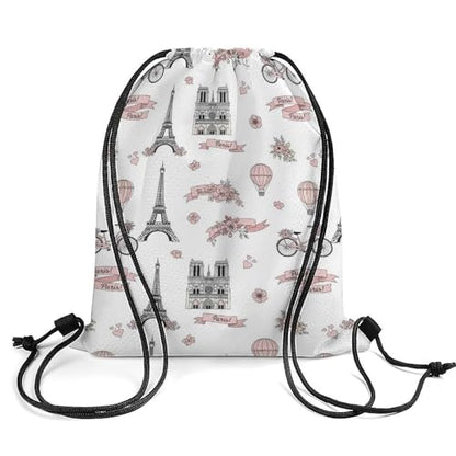 Theft Proof Drawstring Backpack Cinch Sack Water Resistant for Travel Camping Sports Equipment Men Women, Pink Paris Eiffel Tower And Balloon Bags - color: Picture (352)