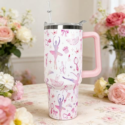 Ceovfoi 40oz Tumbler with Handle，Lid & Straw Vacuum Insulated Travel Coffee Mug, Ballet Gifts for Girls Women, Ballerina Dance Lover Appreciation Gift - color: Ballet