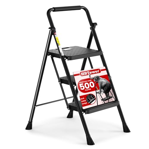 HBTower Step Ladder, Folding Step Stool with Wide Anti-Slip Pedal, Sturdy Steel Ladder, Convenient Handrail, Lightweight, Portable Steel Step Stool - color: Black, size: 3 Step Ladder