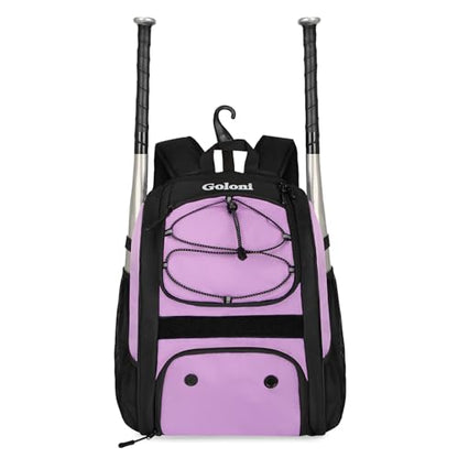 Goloni Youth Baseball Bag,Baseball Backpack with Shoes Compartment,Softball Bag with Fence Hook for T-Ball Bat & Equipment - color: Dark Purple