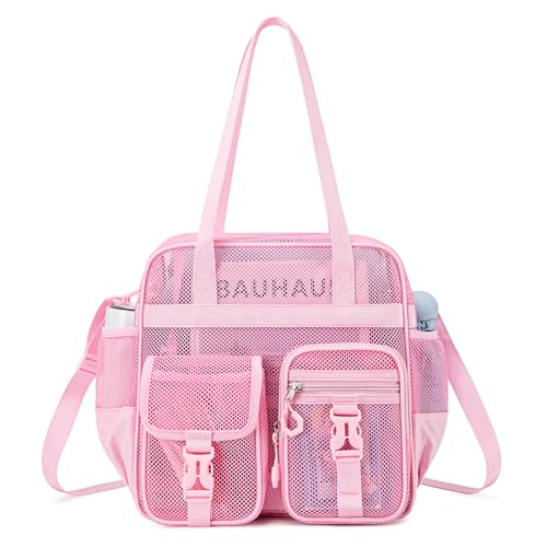MOONBABY Mesh Beach Tote Bag for Stadium Events 12x6x12 Net Purse Bag for Women with Detachable Long Strap for Work, Sports - color: Pink