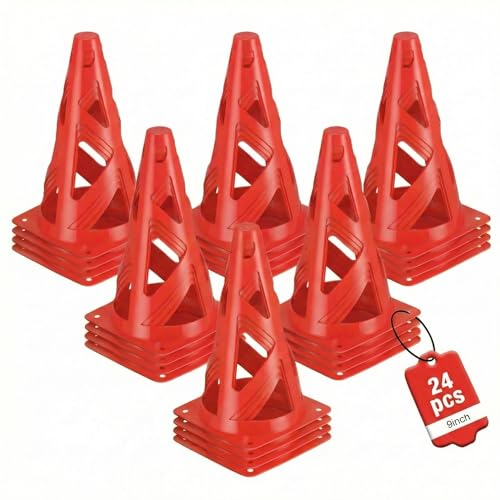 24 Pack Soccer Cones, 9 Inch Agility Cones for Soccer, Football, Basketball, Cones for Sports Training, Speed & Agility Drills, Field Marking Equipment