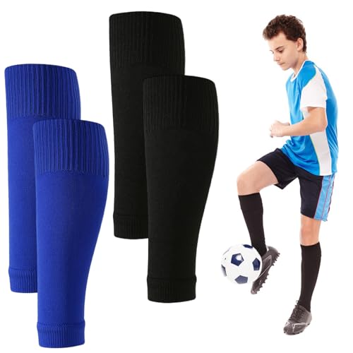 2 Pairs Pre Cut Soccer Socks, Soccer Sock Sleeves and Shin Guard Sleeves for Youth Men and Women, Breathable Stretch Calf Support, Secure Fit Leg Covers for Training Practice and Matches - color: Black+Blue, size: Medium