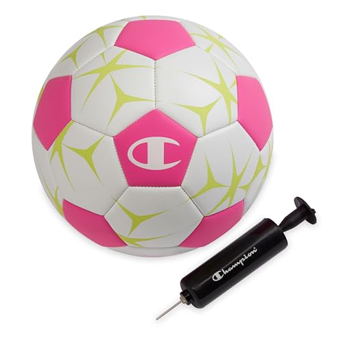Champion Soccer Ball Youth & Adult – Matte Finish, 32-Panel Design, Enhanced Control, Sizes PVC Cover, Sizes 3,4 and 5 for Indoor & Outdoor Training, Includes 6" Pump - color: White/Optic Pink/Evening Primrose, size: 5