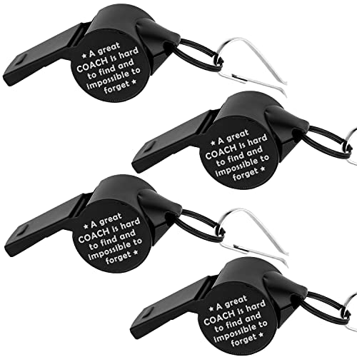 4 Pack Stainless Steel Lanyard Whistle Gift for Coach With A Word "A Great Coach is Hard to Find and Impossible to Forget,Thank You Coach Gift"，Loud Crisp Sound Whistles With 4 Gift Box. (Black)
