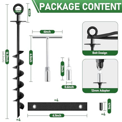 Ground Anchors Screw in - Heavy Duty Trampoline Anchors/Stakes for High Wind, 4 Pack Earth Anchor Kit with Straps and Wrenches for Swing Set, Trampolines, Shed, Mobile Home, Carport, Gazebo