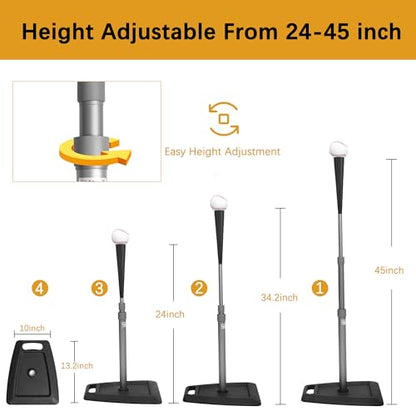 Baseball Tees for Hitting Adjustable Height Batting Tee 24" to 45" Easy Assemble Softball Tee with Rubber Top Heavy Duty Metal Base Hitting Tee for Kids/Youths/Adults