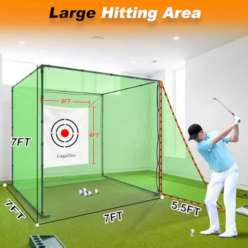 Gagalileo Golf Driving Cage Net: Heavy Duty 1 in Steel Frame - Noise Reduction Target for Backyard Garage Indoor Simulator - 7x7x7 FT High Density Hitting Swing Practice - size: 7x7x7ft without Bottom