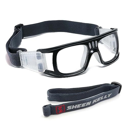 SHEEN KELLY Professional Sports Goggles Adult Protective Safety Goggles Basketball Glasses for Men with Adjustable - color: 01-black+strap