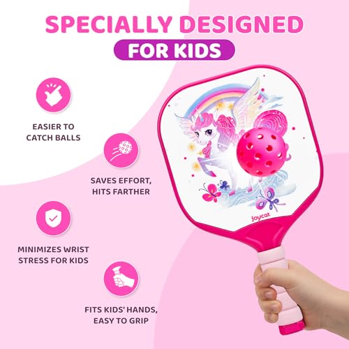 Joycat Kids Pickleball Paddles Set of 2, Lightweight Plastic Cute Pickleball Paddles with Small Grip, 2 Pickleballs, 1 Drawstring Bag,Indoor Outdoor Sport Gift for Kids,Beginner - style: Unicorn