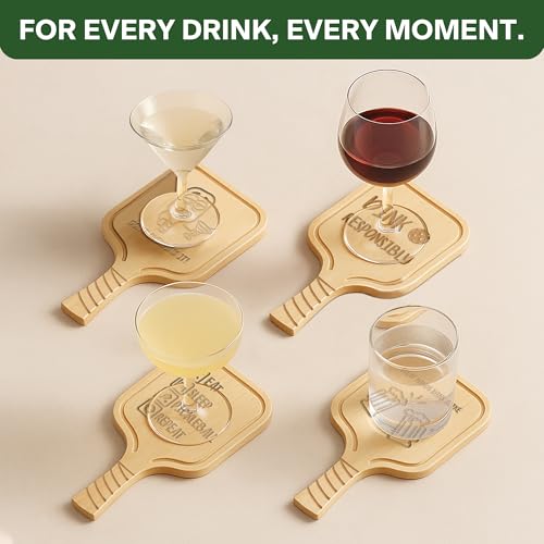 Pickleball Paddle Drink Coasters Set of 4 – Witty Drink Sayings Gift for Pickleball Lovers, Men & Women – Premium Birch Wood, Funny Bar Coasters, Gift-Ready Box for Birthdays, Mother’s & Father’s Day