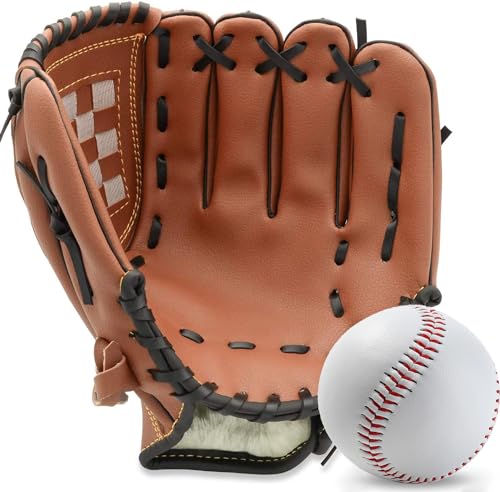 Baseball Glove,Baseball Softball Mitt with Ball for Kids Youth Adults Training and Beginner,Right Hand Throw,Left Hand Glove - color: Brown, size: 9.5"