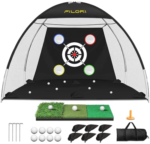 FILORI Golf Practice Net 10x7FT - Golf Hitting Net with Tri-Turf Mat, 8 Balls, Tee & Carry Bag, Indoor/Outdoor Backyard Training for Driving Chipping Swing, Ideal Gifts for Men Dad Husband Golfer