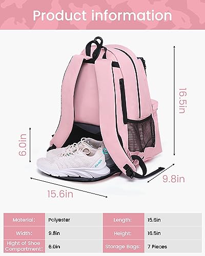 Tennis Bag Professional Tennis Backpack for Men and Women Racket Bags Holds 2 Rackets with Ventilated Shoe Compartment - color: Pink with Shoes Compartment