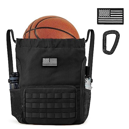 G4Free Drawstring Backpack Gym Backpack Soccer Basketball Bag with Shoes Compartment Tactical Water-Resistant String Sports Bag for Men Women(Black) - color: Black