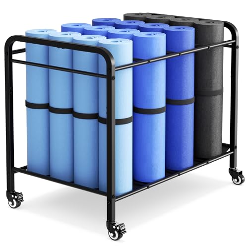 Black Yoga Mat Storage Rack Basket with Wheels, Floor-Standing Metal Yoga Mat Cart Workout Equipment for Foam Roller Dumbbells Kettlebells,in Gym,Fitness Classes, Yoga Studio & Home Gym