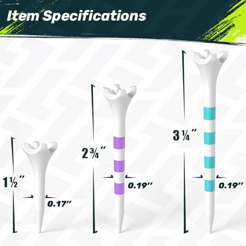 SAPLIZE Upgraded 4-Prong Golf Tees Plastic, 50/100/120/200 Pack (1-1/2", 2-3/4'', 3-1/4"), Engineered to Reduce Friction & Side Spin, Unique Golf Gifts for Golfers - color: Green (100pcs, 3-1/4'') & Purple (50pcs, 2-3/4'') & White (50pcs, 1-1/2'')