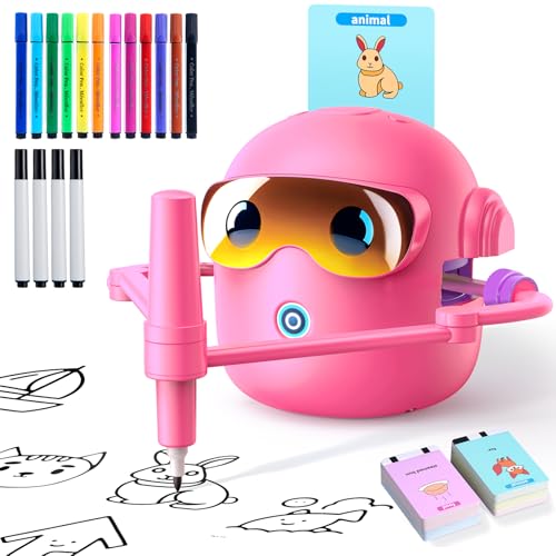 Drawing Robot for Kids with 100 Cards, Montessori Painting Learning Toys for 3 4 5 6 7 8 Year Old Boys Girls,Voice Interactive Early Learning Educational Drawing Toy Gift for Birthday Party - size: Pink
