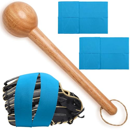 Baseball Glove Break in Kit, One-Piece Solid Wooden Baseball Glove Mallet and Three Colors Glove Wrap Straps for Baseball Glove and Softball Glove, Fit Adult Youth Kids Catcher Mitt - color: blue