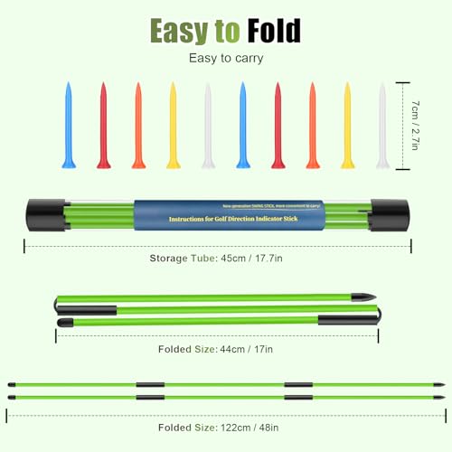 Golf Alignment Sticks 2 Pack, 48″Collapsible Practice Rods for Aiming/Putting, Golf Training Aid for Swing Trainer with Clear Tube Case, Foldable Training Rods with 10 Golf Tees - color: Green