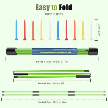 Golf Alignment Sticks 2 Pack, 48″Collapsible Practice Rods for Aiming/Putting, Golf Training Aid for Swing Trainer with Clear Tube Case, Foldable Training Rods with 10 Golf Tees - color: Green