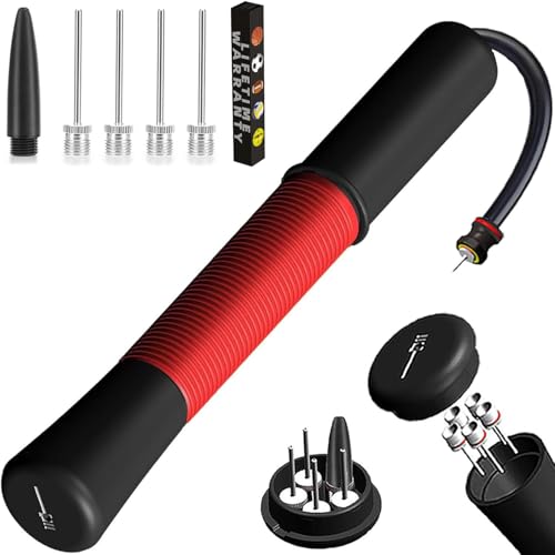 Ball Pump with Needle Storage(Never Lose Pin) Basketball Pump with 5 Needles and Extendable Cable, Soccer Football Pumps, Volleyball Pump Rugby Ball Inflator - Great for All Balls - color: Red