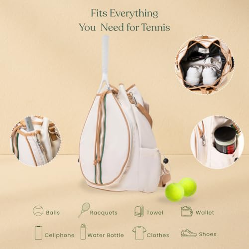 Tennis Bag for Women Racket Tote, Stylish Backpack - Unisex Racquet Sports Pickleball Bag Convertible Shoulder, Crossbody Strap Large Compartment - color: Backpack - Beige/Green Stripe