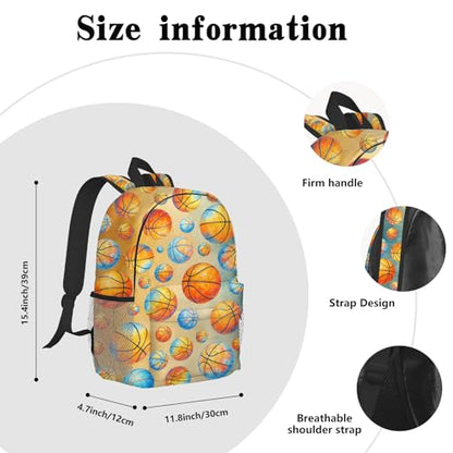 Kids Youth Basketball Backpack 16 Inch, School Bookbag for Boys Girls, Watercolor Orange Blue Print, Lightweight Polyester Daypack with Side Pocket, Front Zipper, Padded Straps, 15.4x11.8x4.7 in - color: Basketball