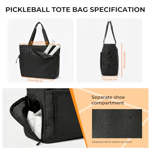 Pickleball Bag for Women Men, Large Pickleball Tote Holds 2-4 Rackets, Pickleball Bags with Shoe Compartment & Water Bottle Pocket, Pickleball Gifts, Water-Resistant & Lightweight - color: Black