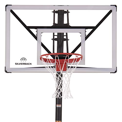 Silverback Height Adjustable In-Ground Basketball Hoop with Tempered Glass Backboard, Pro-Style Breakaway Rim, Pole and Backboard Pad