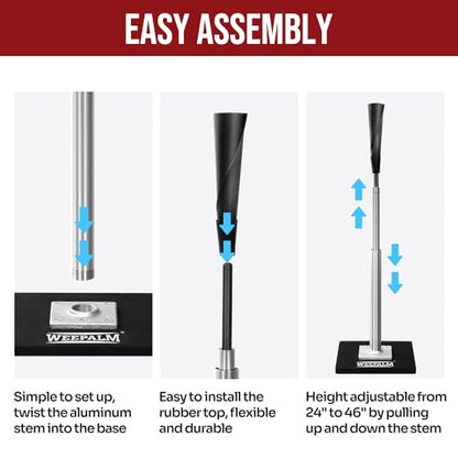 Batting Tee for Baseball/Softball, Premium Hitting Tee with Handrolled Rubber Top,Aluminum Stem,Metal Base,Easy Setup Baseball Tee Height Adjustable 24-46 inch for Kids and Adults