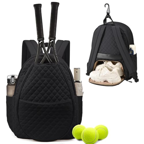 Tennis Bags for Women, Quilted Tennis Racket Bag Backpack for Tennis Racquet, Pickleball Paddles, Badminton - color: Black, size: Large with Shoe Compartment
